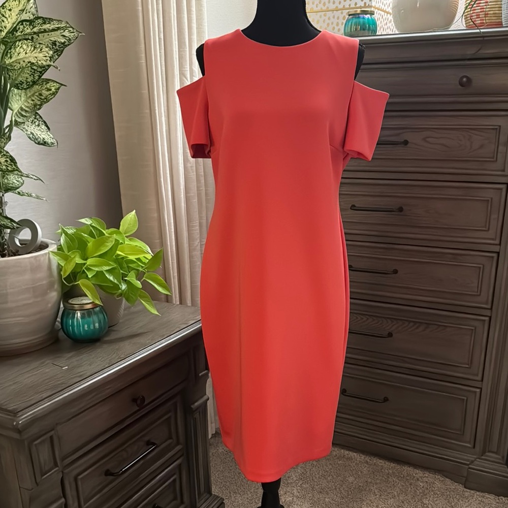 Coral Calvin Klein Cold-Shoulder Sheath Dress — Size 12